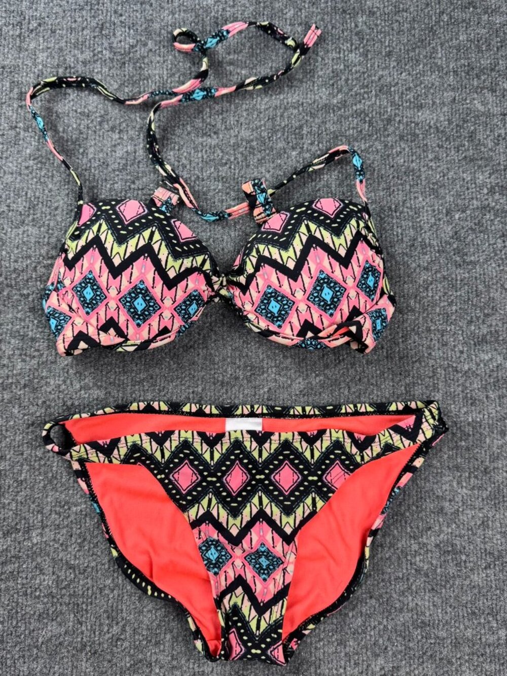 Xhilaration 2Pc Bikini Set Top S Bottom XS Push Up Halter Neon Geometric Tribal